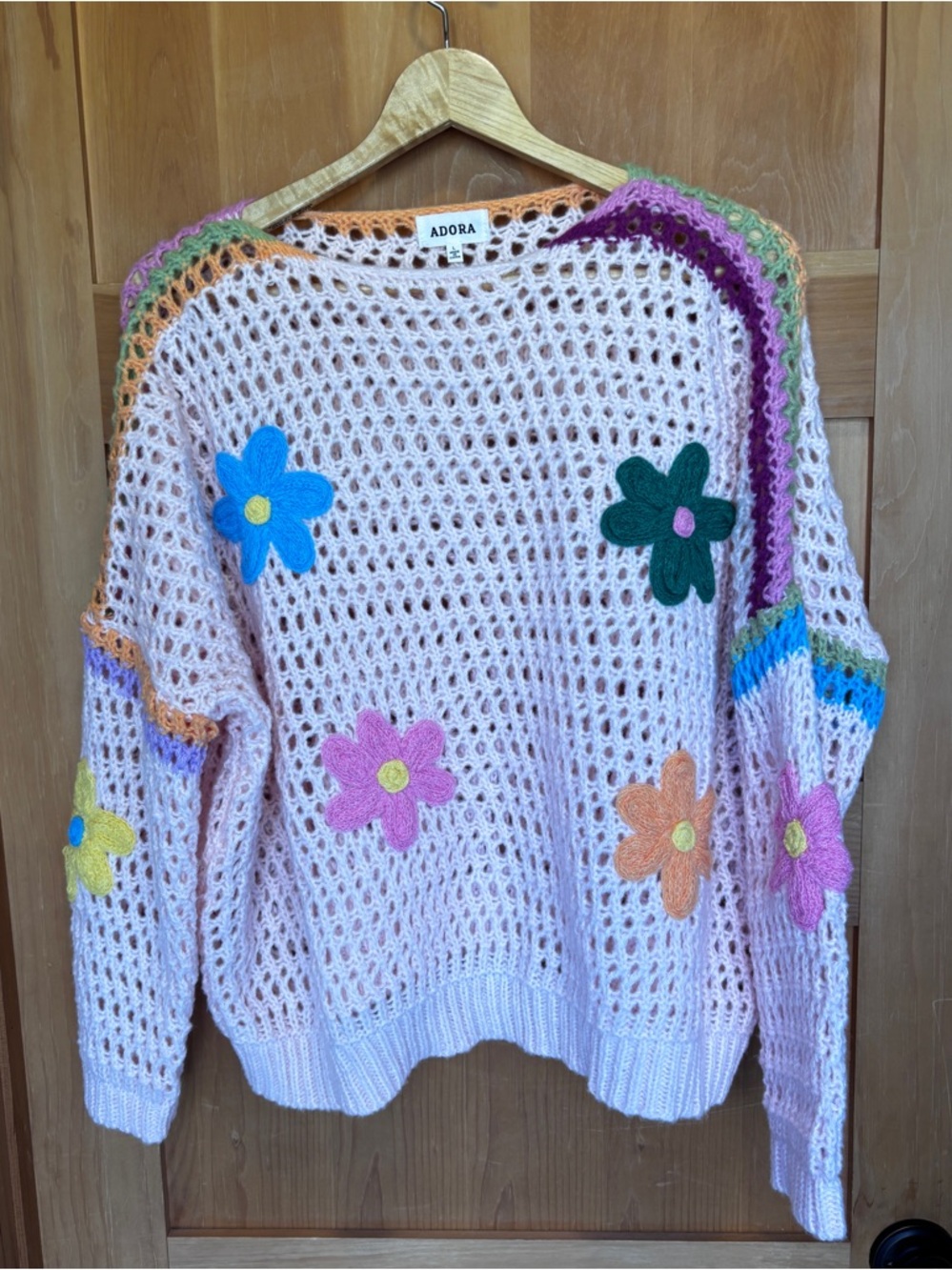 ADORA Light Pink Open-Knit Sweater with Multicolor Flower Appliqués